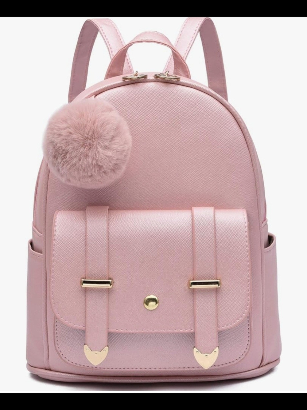 Pink Faux Leather Mini Backpack with Pom Pom